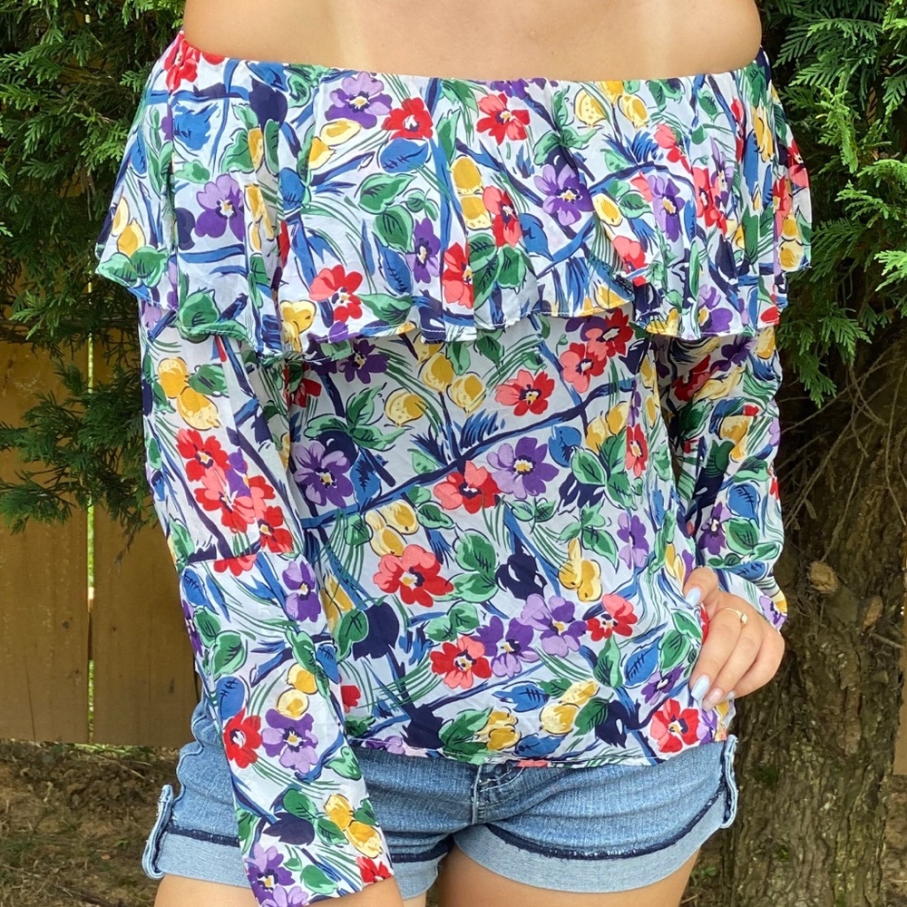 Vintage 1980s Norma Kamali Floral Zip Blouse Shirt